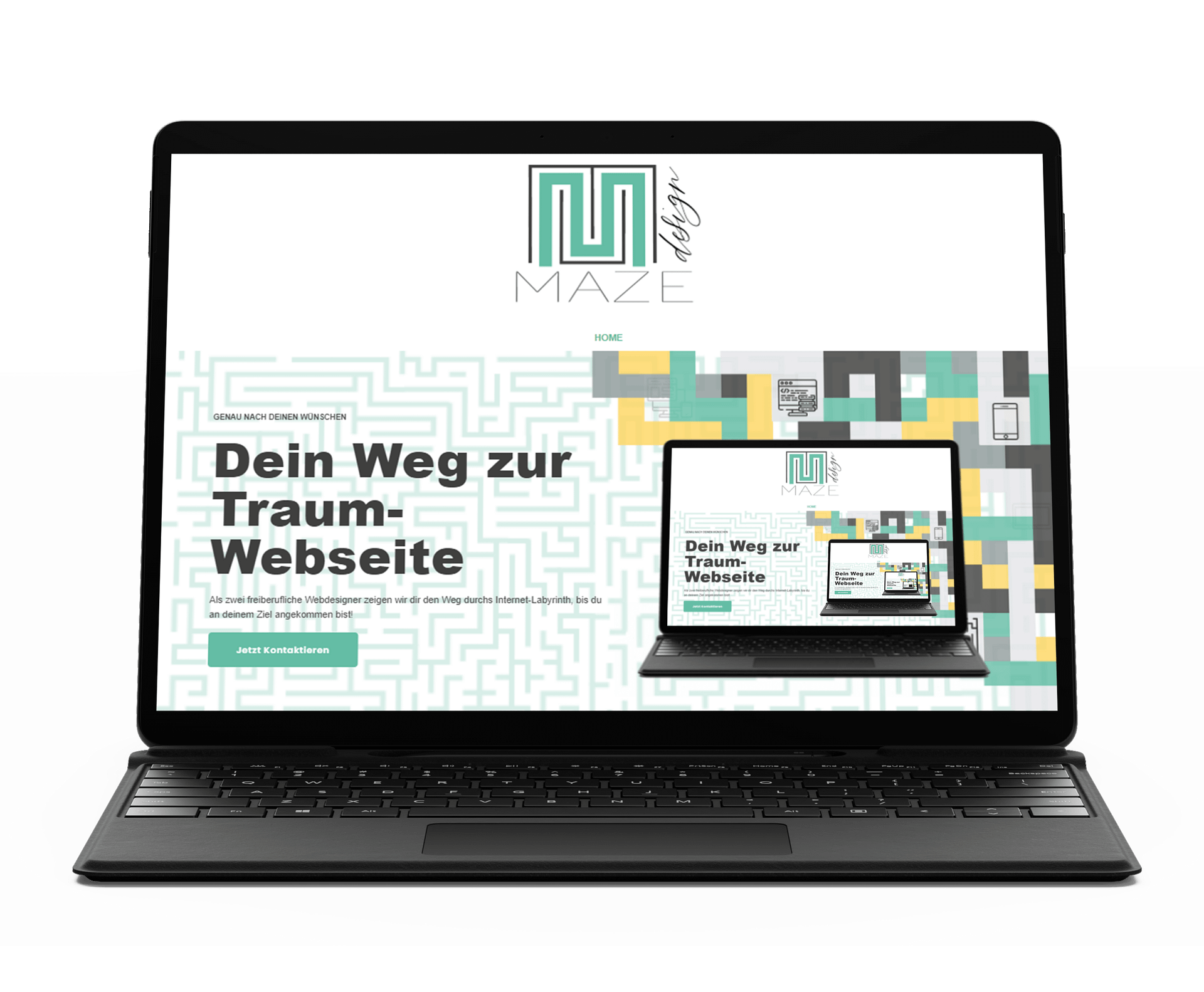 Mockup der Maze-Design Webseite, welche Webdesign mit Wordpress anbietet.